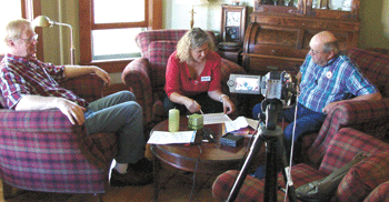 Norwegian speaking volunteers met with Norwegian researchers to talk and record their stories and language usage so that it can be reviewed and studied. Janne Bondi Johannessen, center, speaks with two volunteers at Mike and Diane Schmidts home in Spring Grove.